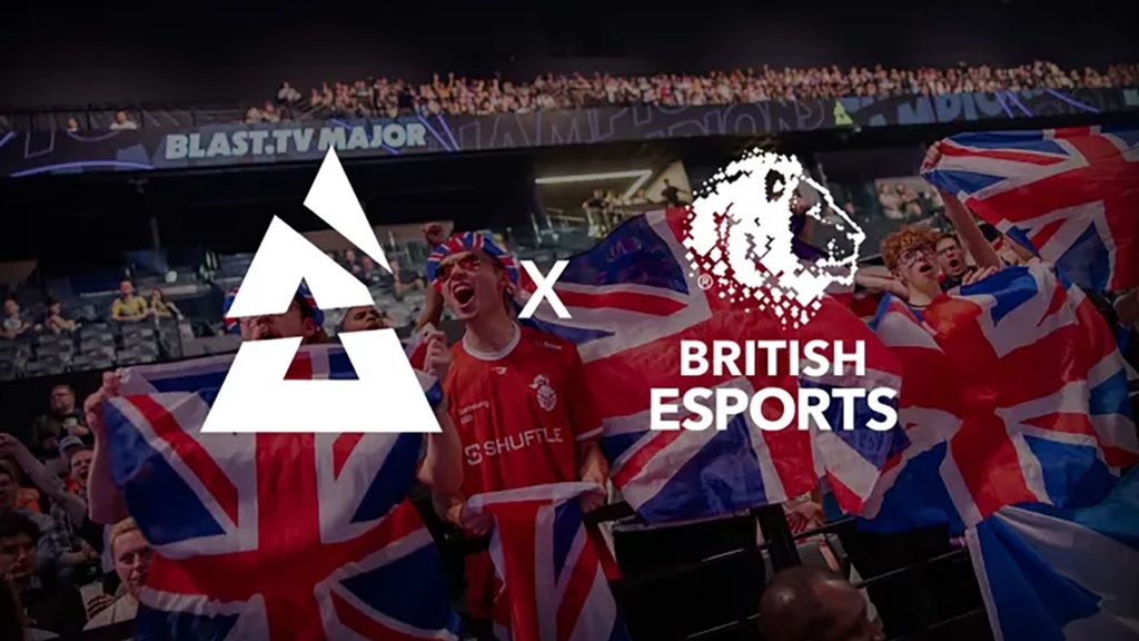 Image of BLAST and British Esports logos on background of UK esports fans wearing jerseys and holding Union Jacks