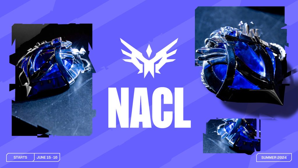 Image of League of Legends NACL logo and medallions on light purple background