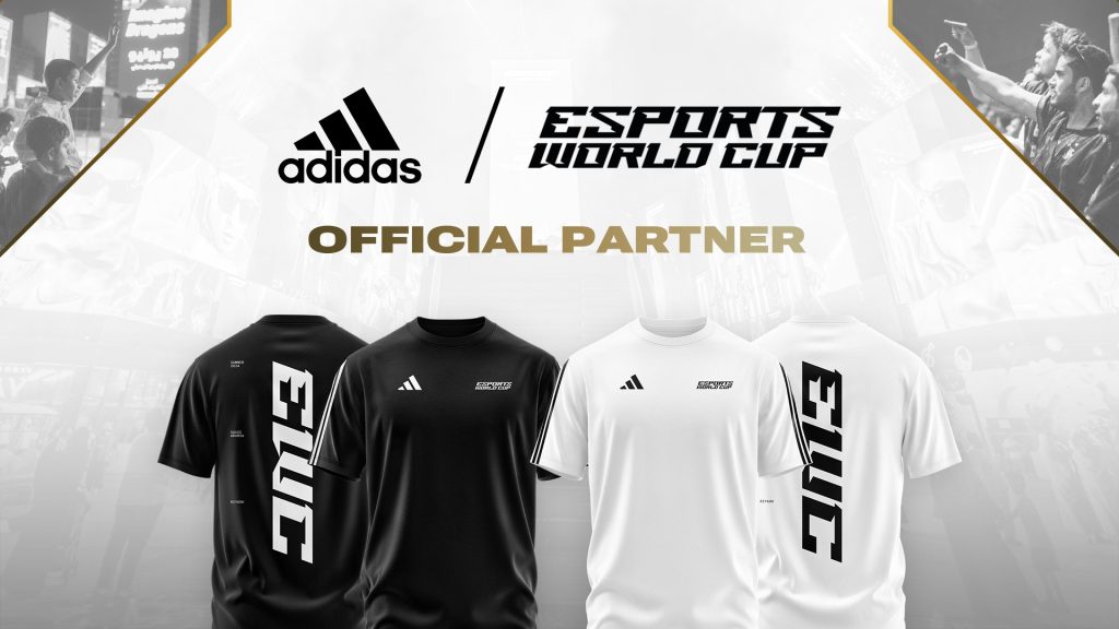 Image of Adidas and Esports World Cup logos above branded clothes on white background