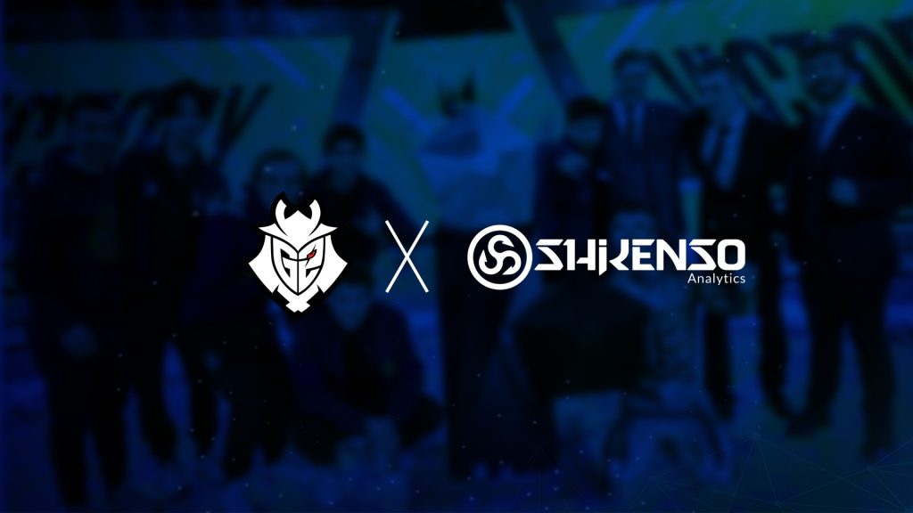 Image of G2 Esports and Shikenso Analytics logos on dark blue background with esports players posing