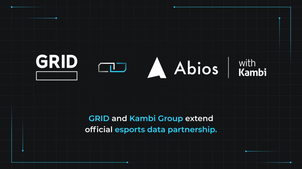 Image of GRID, Abios, and Kambi Group logos on blue and black background