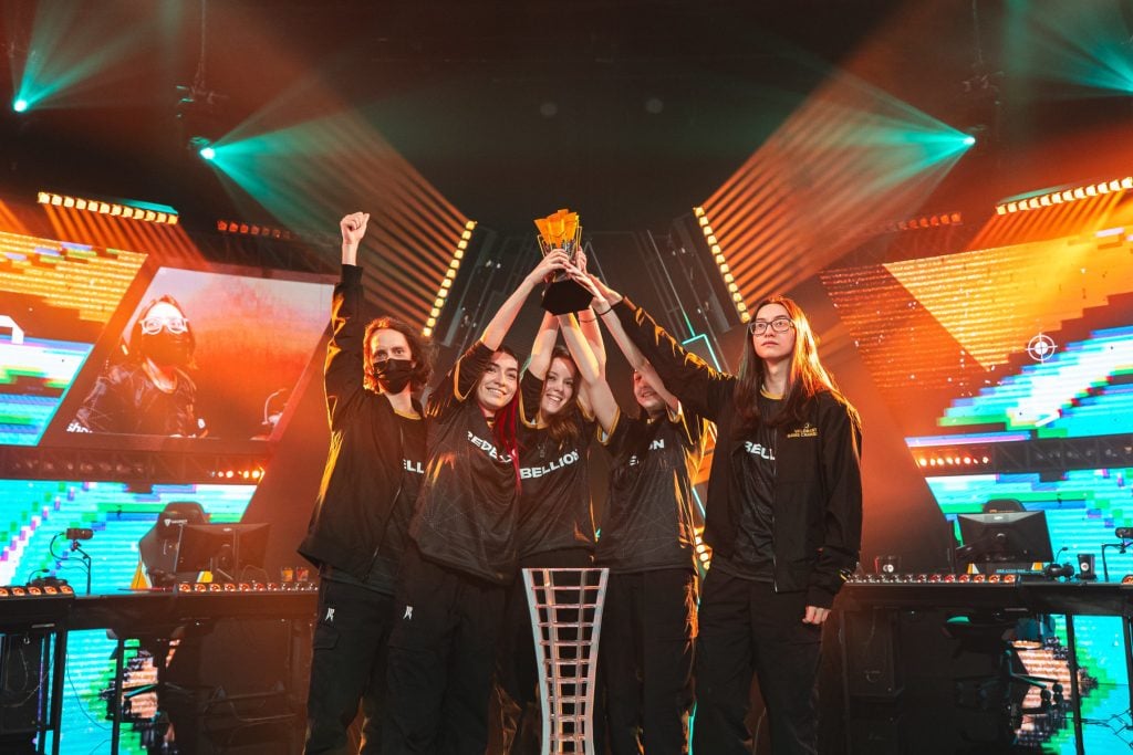 Shopify Rebellion pose with their VALORANT Trophy after winning the VCT Game Changers December 2023 in São Paulo, Brazil 
