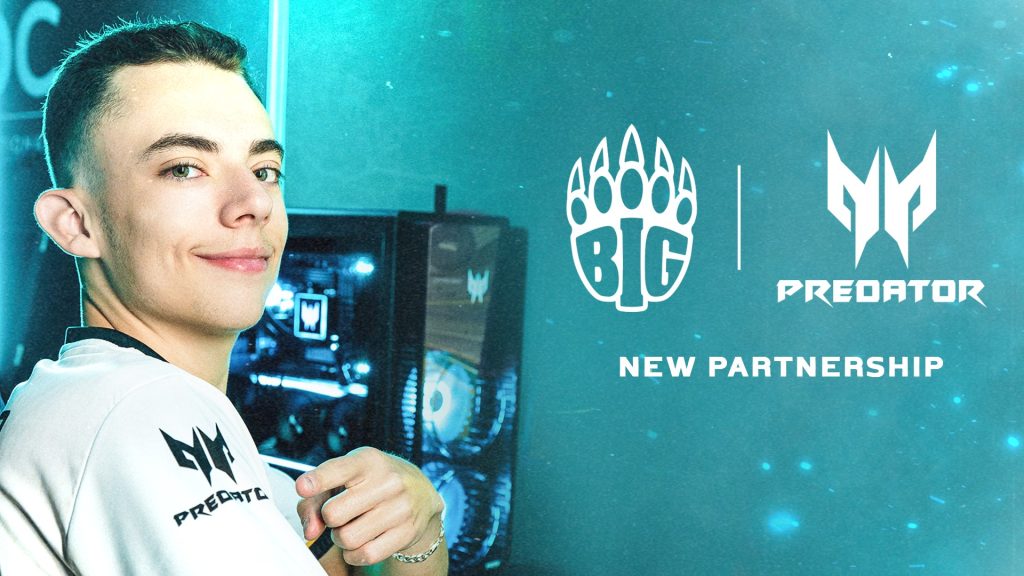 Image of BIG player posing in front of Acer Predator PC with BIG and Acer Predator logos on light blue background