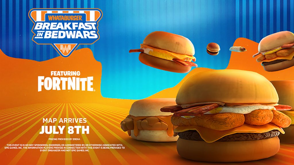 Image of Whataburger products on blue and orange background next to a Fortnite logo