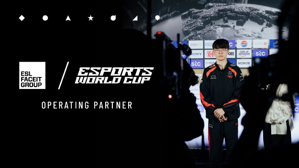 ESL FACEIT Group and Esports World Cup logos on black background next to image of Faker