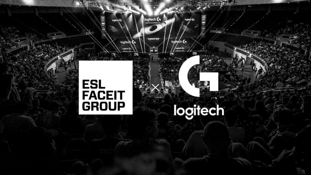 ESL FACEIT Group and Logitech logos on a black and white background of an esports crowd