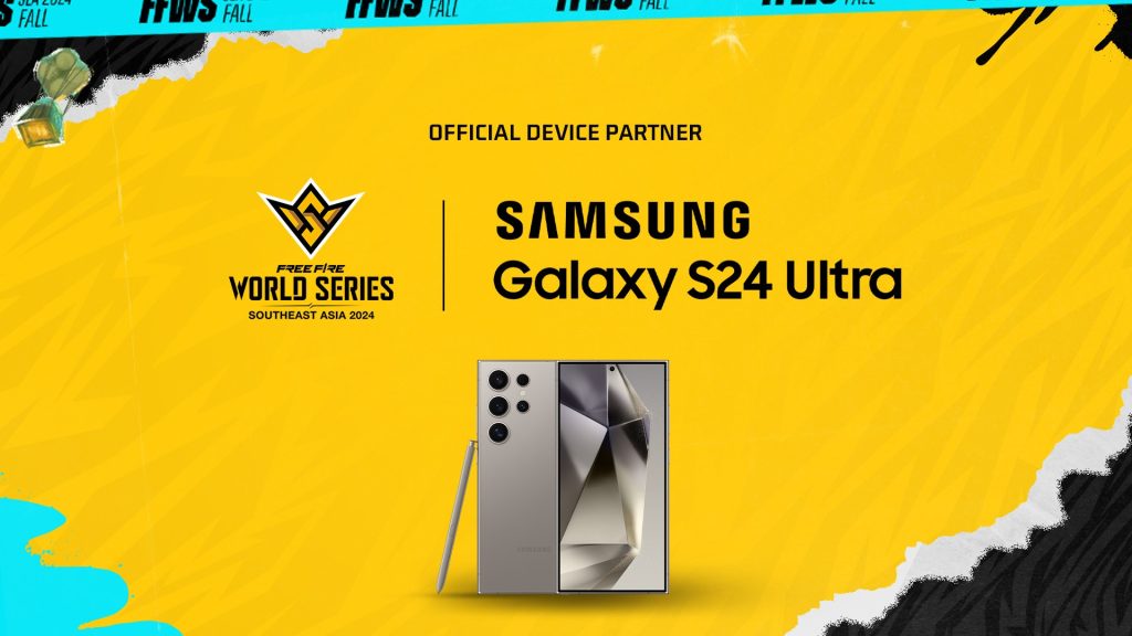 Garena Free Fire World Series logo next to Samsung Galaxy S24 logo on a yellow background. An image of a mobile phone is below the text