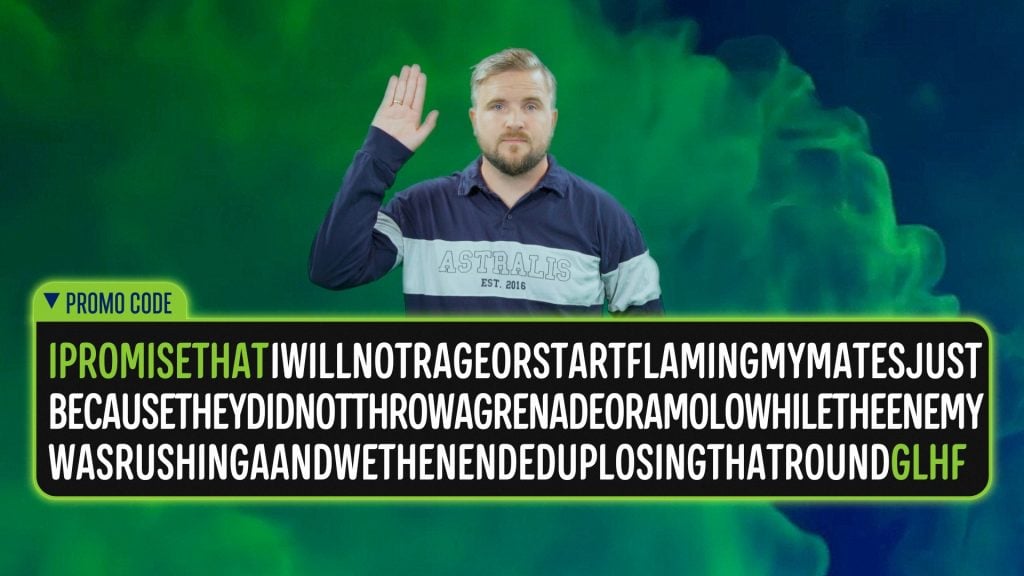 Astralis player holding hand in air in front of block of text on a green and blue background