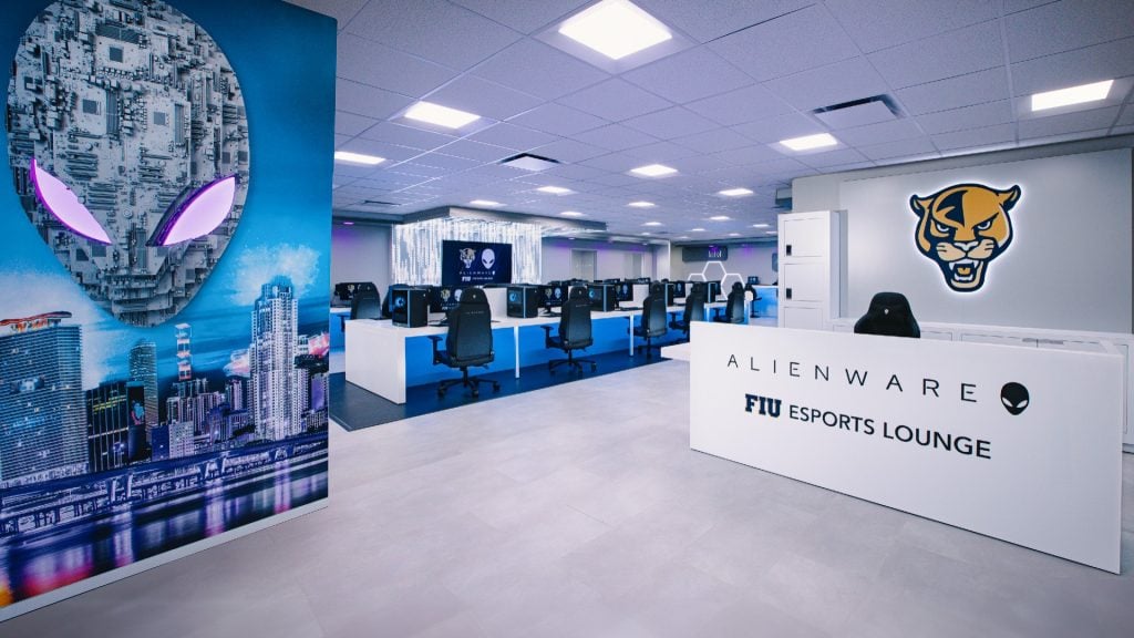 Image of Florida International University's esports lounge with Alienware logo on front desk