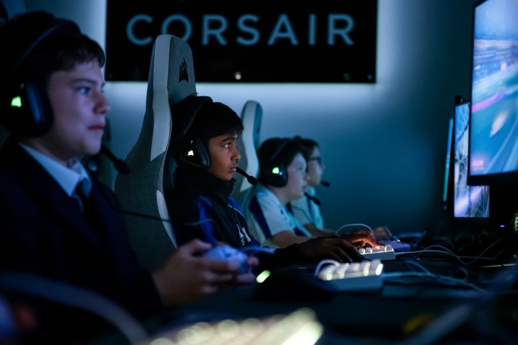 Students gaming at the Corsair Esports Hub at Reigate Grammar School