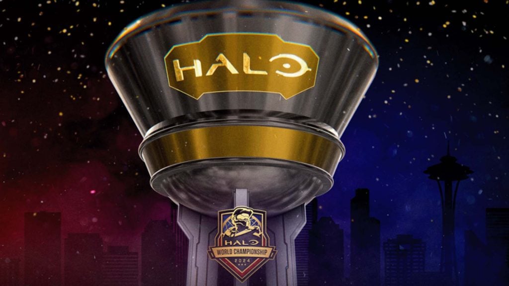 Image of Halo and Halo World Championship 2024 logos with a trophy on blue and red background