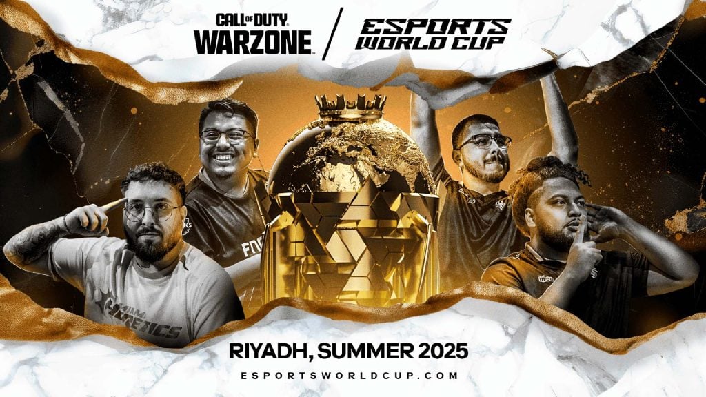 Call of Duty Warzone players posing next to a gold trophy on a white and gold background. The Esports World Cup and Warzone logos are at the top of the image