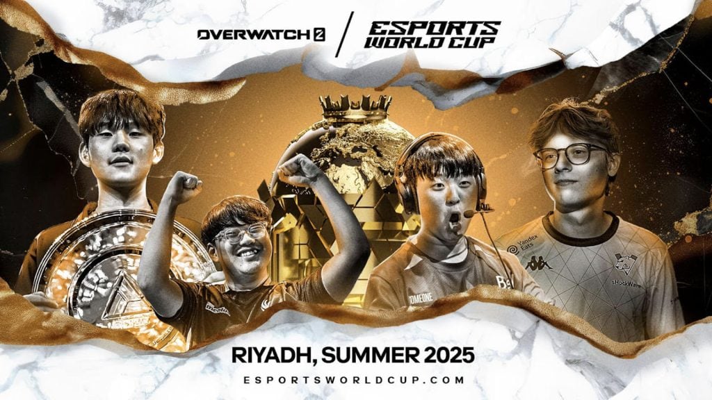 Image of Overwatch 2 players posing in front of Esports World Cup trophy on a white and gold background