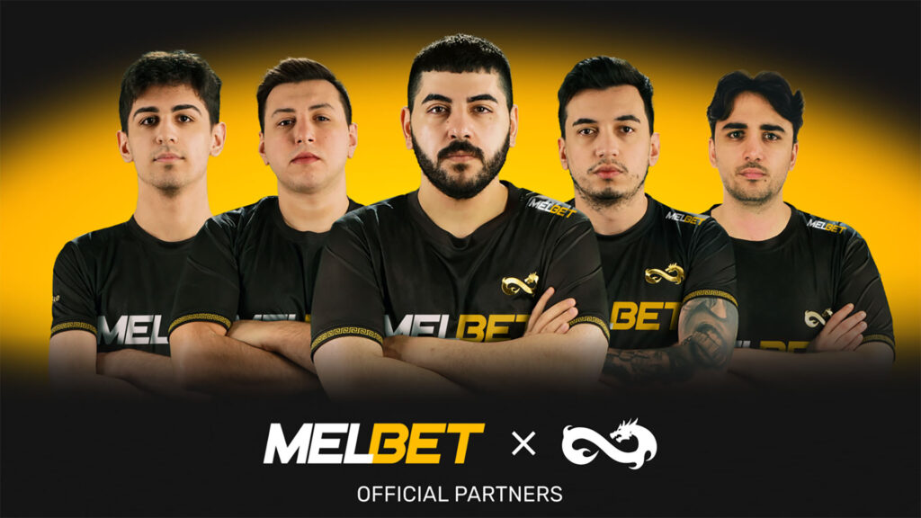 Image of Eternal Fire Counter-Strike roster on a black and orange background. The organisation's logo is nextr to the Melbet logo underneath the players.