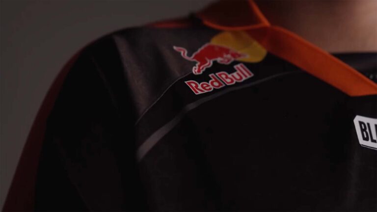 Red Bull logo on the collar of a Fnatic esports jersey.