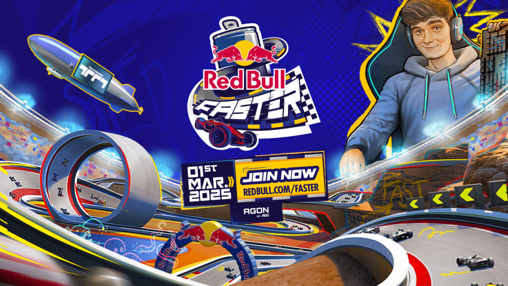 Image of Red Bull Faster Trackmania tournament logo on a dark blue background with cartoon-style Trackmania action in background