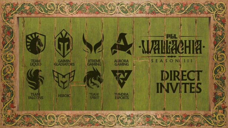 Image of esports organisation logos on a green background net to the PGL Wallachia Season 3 logo.