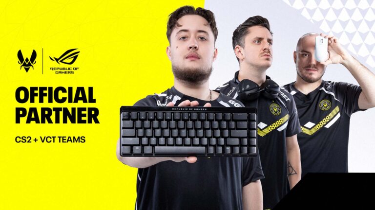 Image of Team Vitality esports players holding ASUS ROG peripherals on a yellow and white background